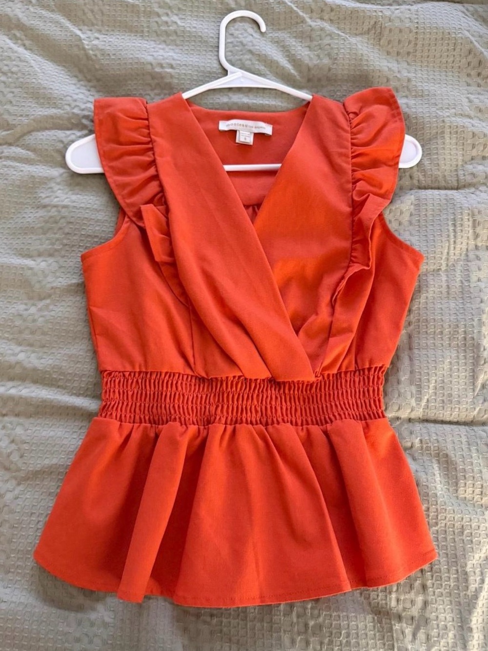 Orange Ruffle Sleeve Smocked Waist Peplum Top